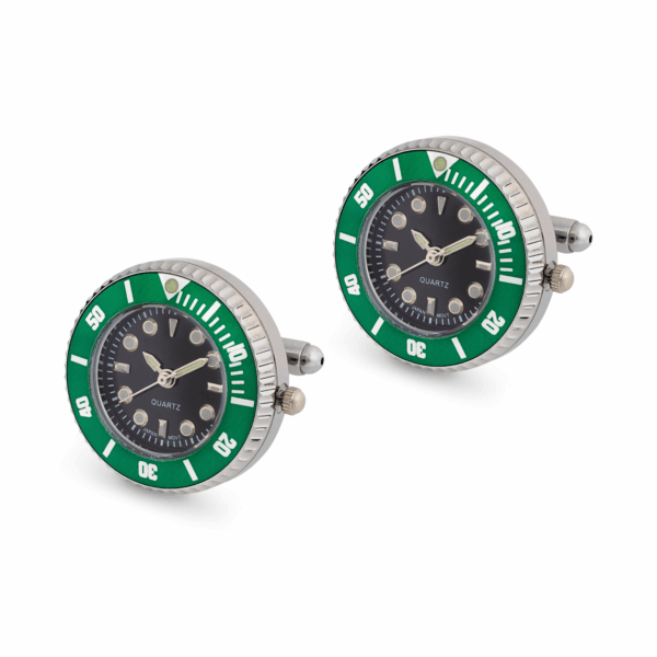 Luxury Design Working Watch Cufflink Rhodium Plated with Green Bezel/Black Face (Hulk) Japanese Movement, Mineral Glass Standard Battery L140 E