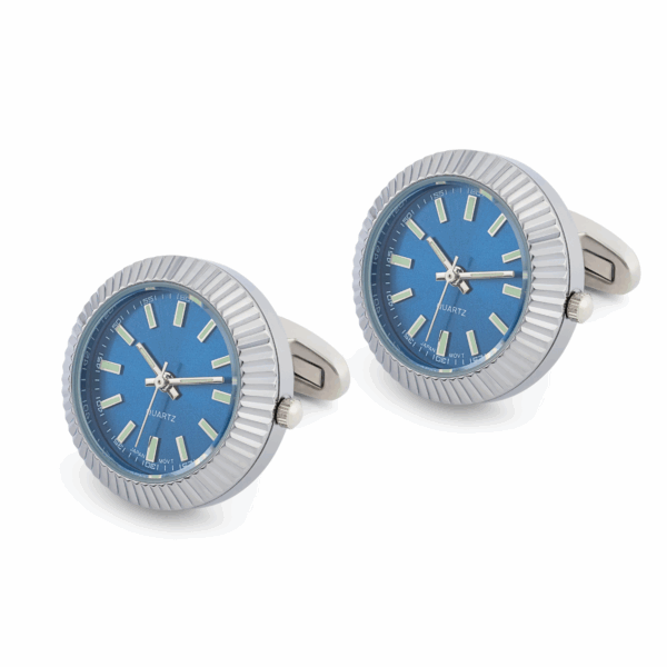Swiss Style Fluted Bezel Watch cufflinks Illuminous Markers Japanese Movement ( PC21J) Silver/White face  L141 C - Image 2