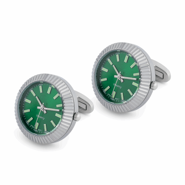 Swiss Style Fluted Bezel Watch cufflinks Illuminous Markers Japanese Movement ( PC21J) Silver/White face  L141 C - Image 4