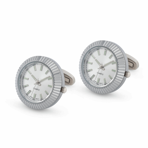 Swiss Style Fluted Bezel Watch cufflinks Illuminous Markers Japanese Movement ( PC21J) Silver/White face  L141 C