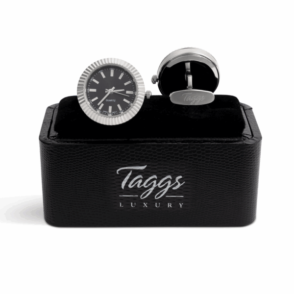 Swiss Style Fluted Bezel Watch cufflinks Illuminous Markers Japanese Movement ( PC21J) Silver/Blue face  L141 E - Image 6